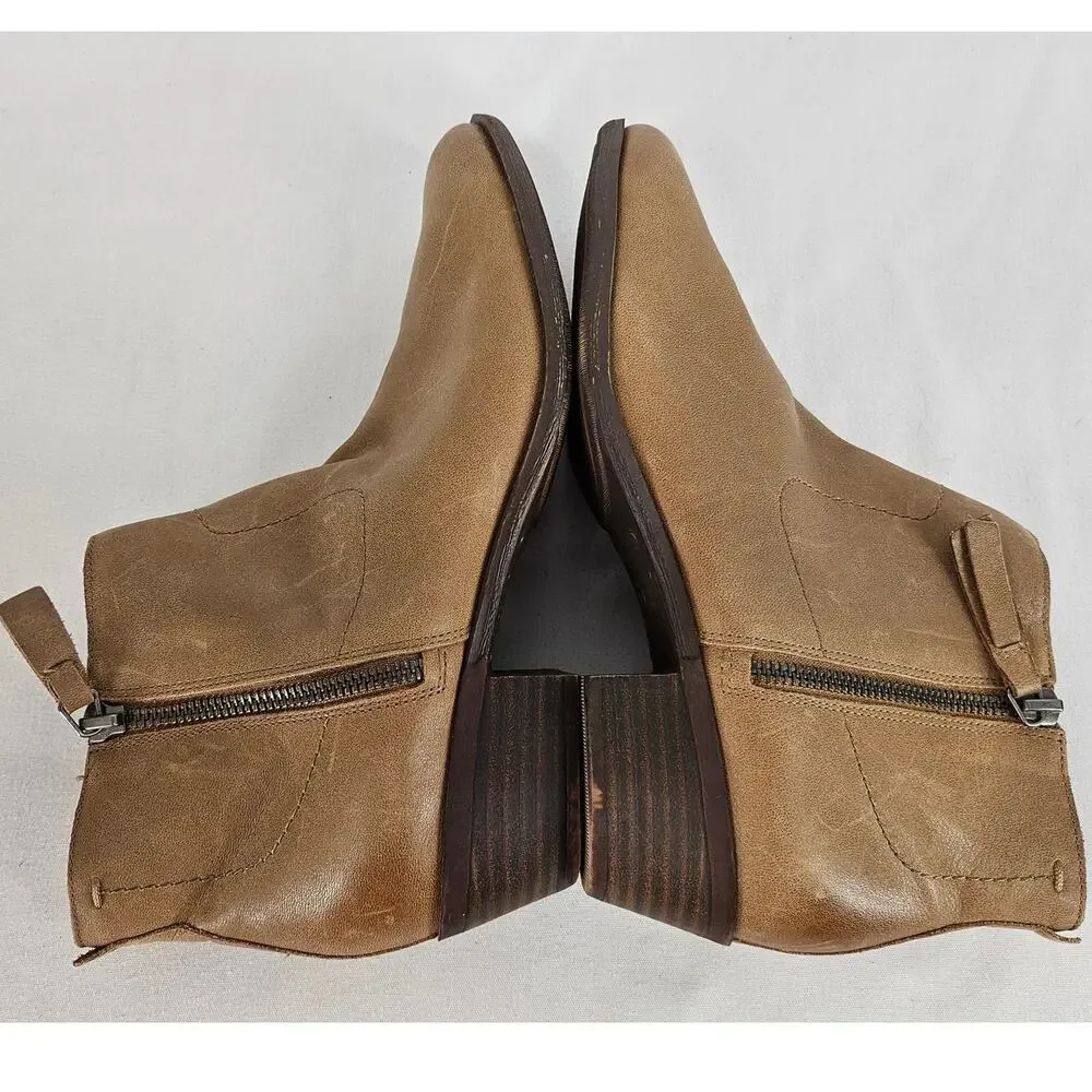LUCKY BRAND BLANDRE TAN LEATHER BOOTIES – WOMEN’S SIZE 9M – SIDE ZIP – LOW HEEL
